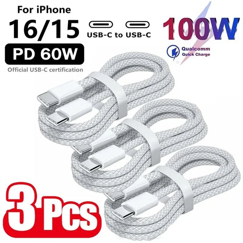 USB-C Kabel 100W Schnellladekabel – 3er Pack für iPhone 15/16, Samsung, Xiaomi & Huawei